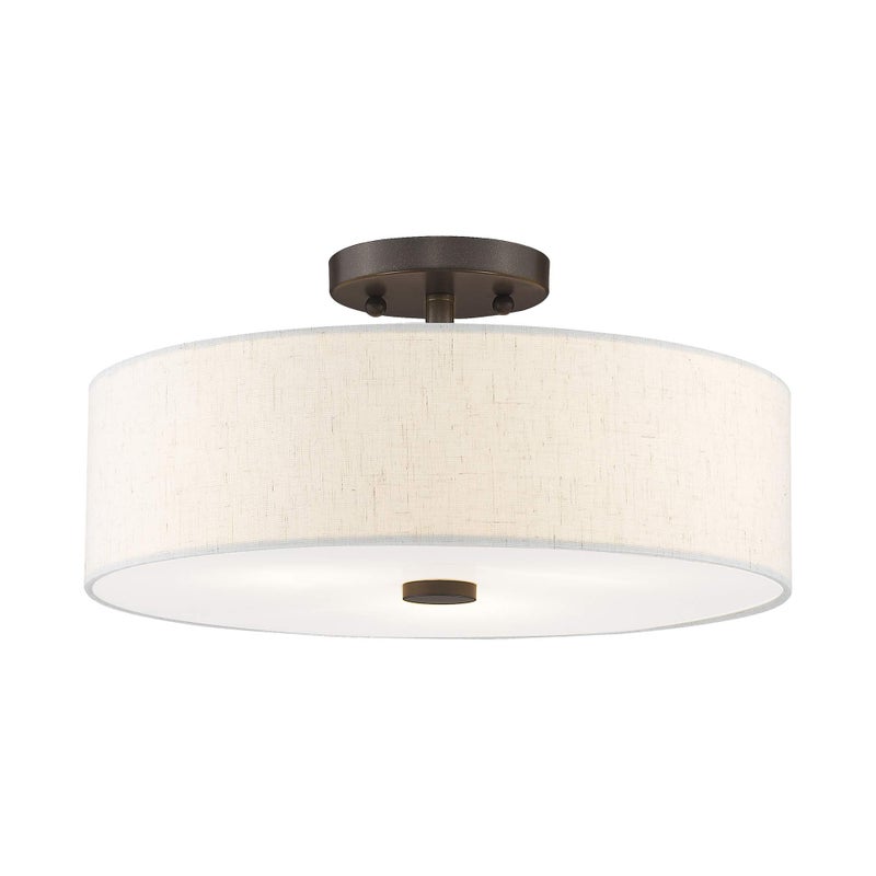 Livex Lighting 52135-92 Meridian Collection 3-Light Semi Flush Mount Ceiling Fixture with Oatmeal Color Fabric Hardback Drum Shade and Satin White Diffuser, English Bronze - Image 1